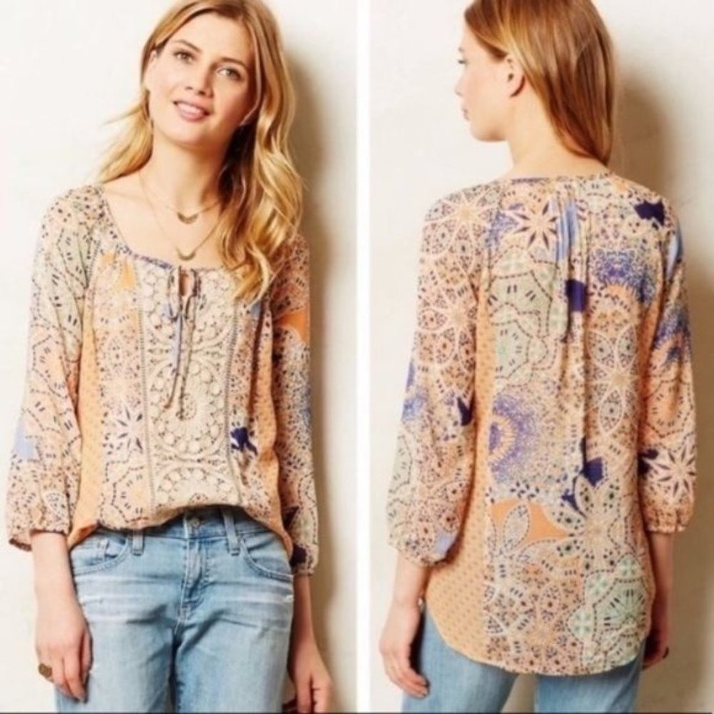 Anthropologie Meadow Rue Roselle Crochet‎ Top Blouse Boho Peasant S Small